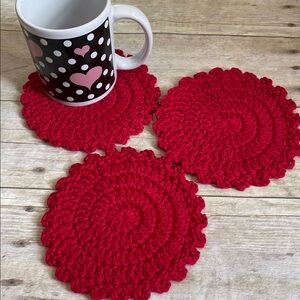 Set of 3 Coasters/Small Doilies in Red 5 1/2 Inches Christmas Valentines Day